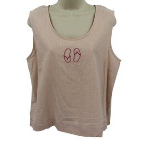 AKC Women Large Petite LP Pink Embroidered Flip Flops Linen Blend Tank Top Shirt